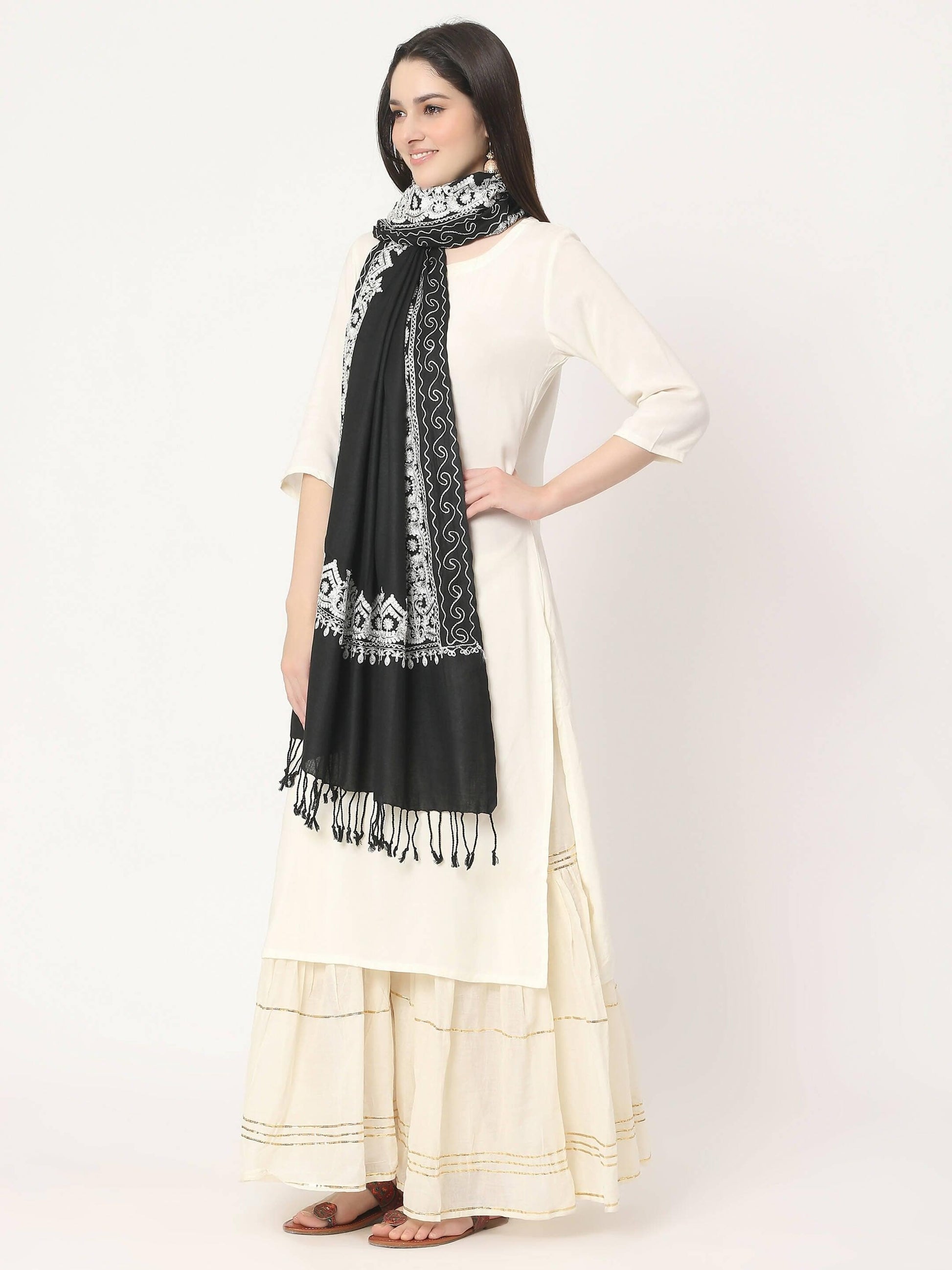 Black White Embroidered Stole for women﻿ - HalfPe