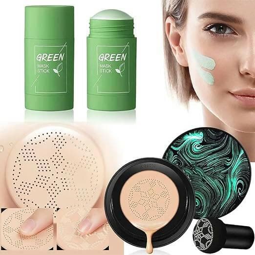 Sunisa 3in1 Air Cushion CC & BB cream with Mushroom Head Waterproof Brighten Face tone Foundation with Green Tea masks - HalfPe