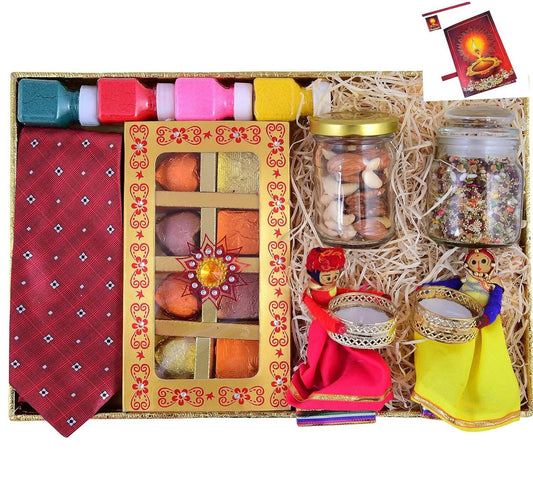 MANTOUSS Diwali Chocolate Gift Combo/Chocolate Diwali Gift Hamper-Chocolate Gift Box+jar of Mix Dry Fruits+jar of Chocolate mukhwas+Rajasthani puupet Candle Holder+Men's Neck Tie+Rangoli Colours+Card - HalfPe