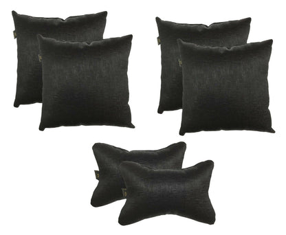 Lushomes car pillows and cushions, Textured Black car pillow, cushion for car, pillows for car, car pillow set of 6, car cushion set(4 pc Cushions-12 x 12 inches & 2 pcs Neck Rest Pillow 6x10 inches) - HalfPe