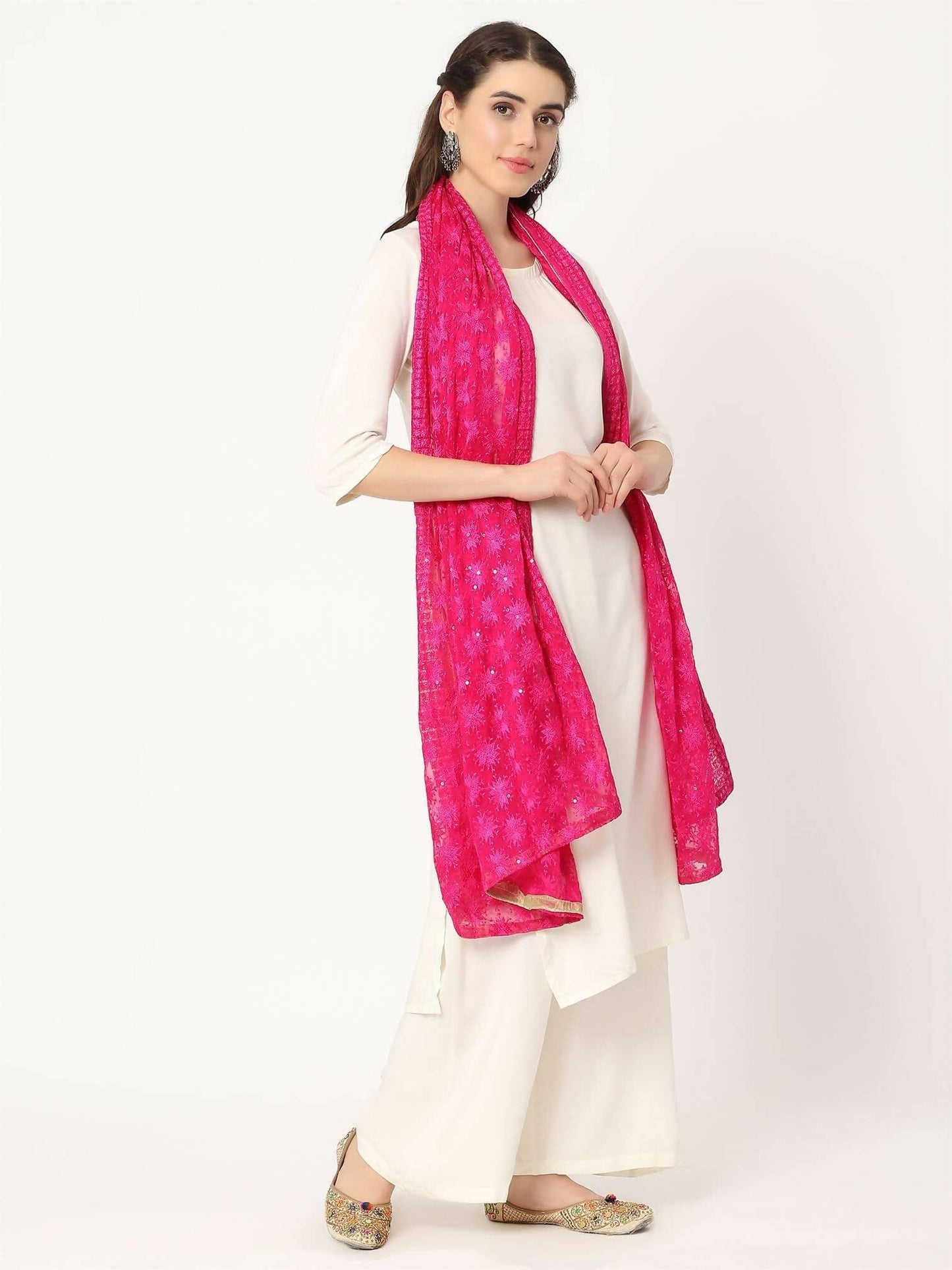 Magenta Pink Sequined Phulkari Embroidery Dupatta - HalfPe