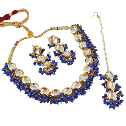 LUCKY JEWELLERY Back Meenakari 18k Gold Plated Blue Color Tika Earring Combo Uncut Big Faux Kundan Choker Necklace set (796-J5SK-1811-B) - HalfPe