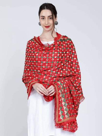 Phulkari Dupatta with Beads (Red and Green ) - HalfPe