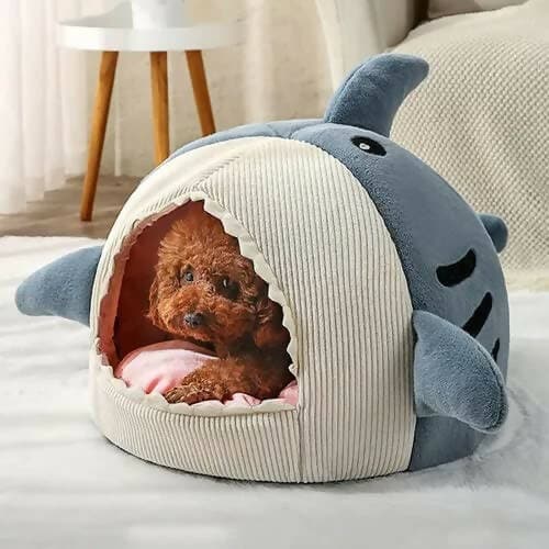 PetGains PGZ Soft Plush Cushion Shark Shape Cave Bed (Blue – Large) - HalfPe