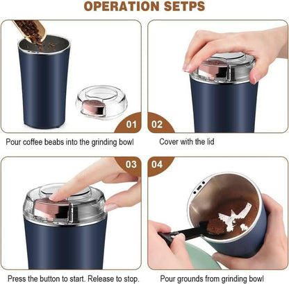 Coffee Grinder Electric, Spice Grinder, Coffee Bean Herb Grinder with Integrated Brush Spoon, One-touch Push-Button - HalfPe