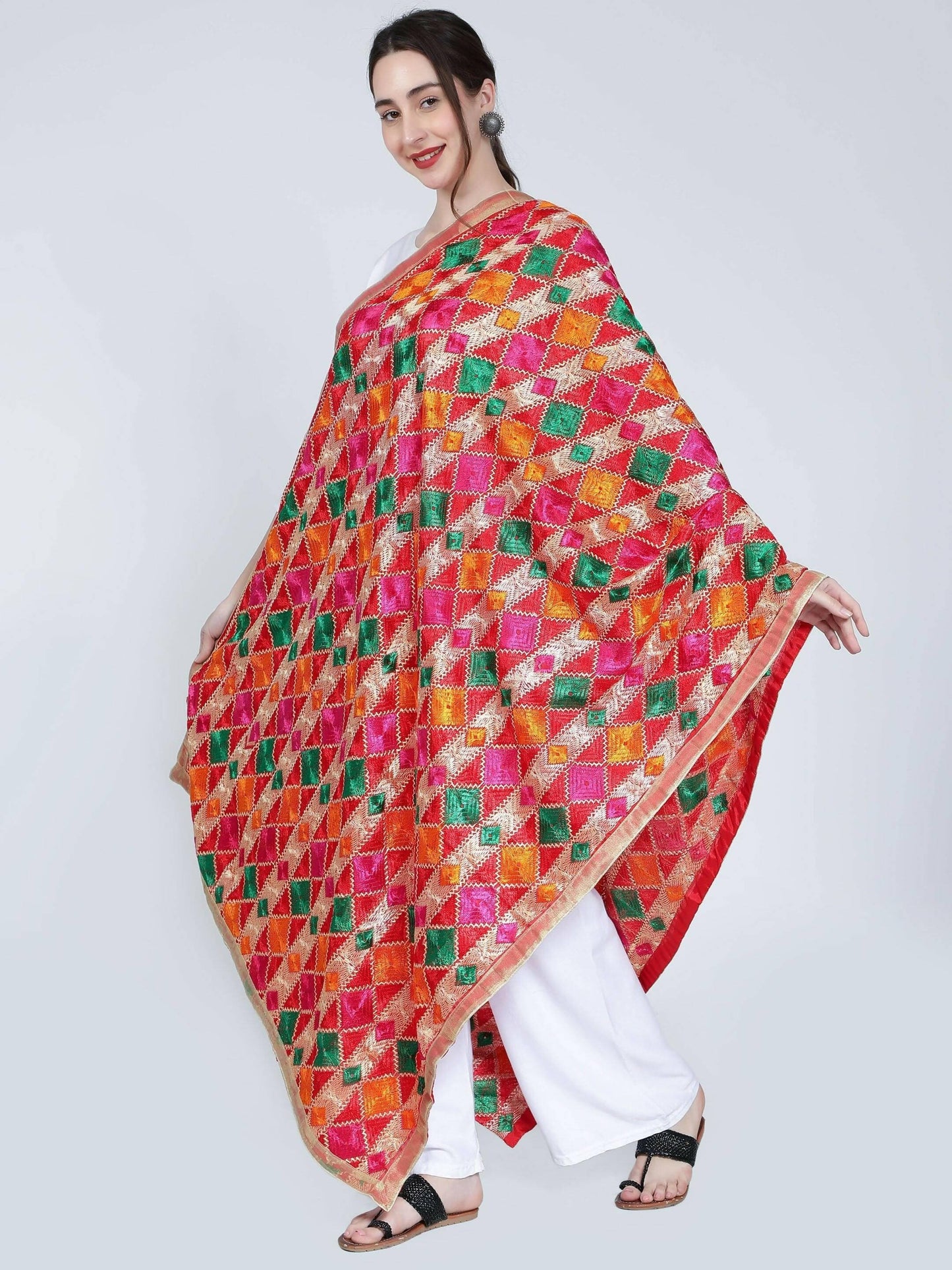 Red Phulkari dupatta (Multi-color designs) - HalfPe