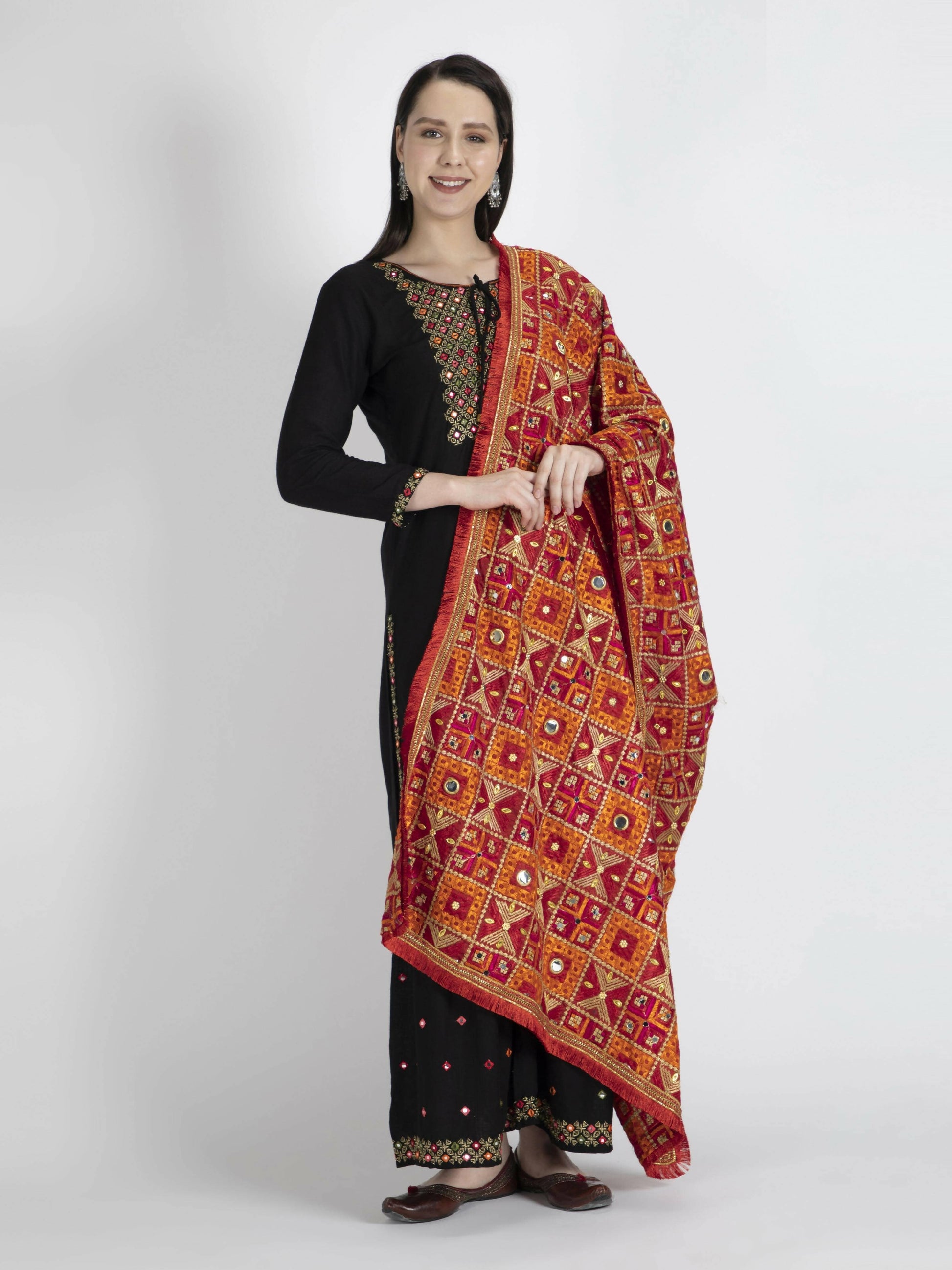 xPhulkari Dupatta with Mirror Work (Orange and Red ) - HalfPe