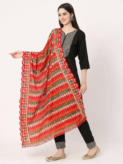 Red Mullticolour Embroidery Phulkari Dupatta with Mirror - HalfPe