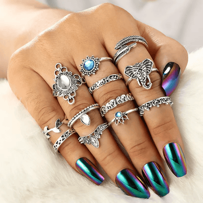 Pinapes Fashion Non Precious Base Metal Boho Midi Finger Ring for Girls – Set of 12 - HalfPe