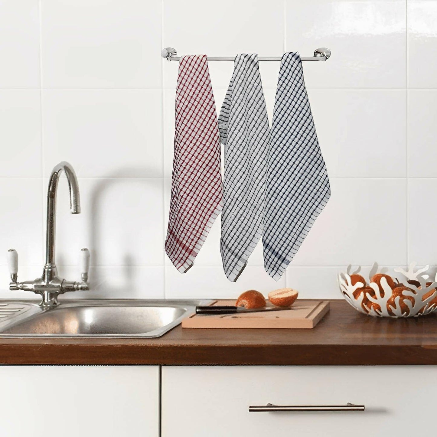 Lushomes Kitchen Towel, Kitchen Cleaning Cloth, Terry Cotton Dish Machine Washable Towels for Home Use, 6 Pcs Red Blue Grey Checks Hand Towel, 16x26 Inches, 300 GSM (45x68 Cms, Set of 6) - HalfPe