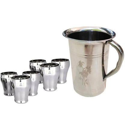 SHINI LIFESTYLE Steel Floral Design Jug and 6pc Premium Matka Glasses - HalfPe