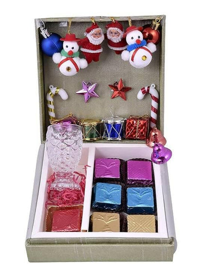 MANTOUSS Christmas thememed Chocolate Gift Box + 1 Shot Glass + Christmas Card + Christmas Tree Decoration Set + Santa Cap - HalfPe