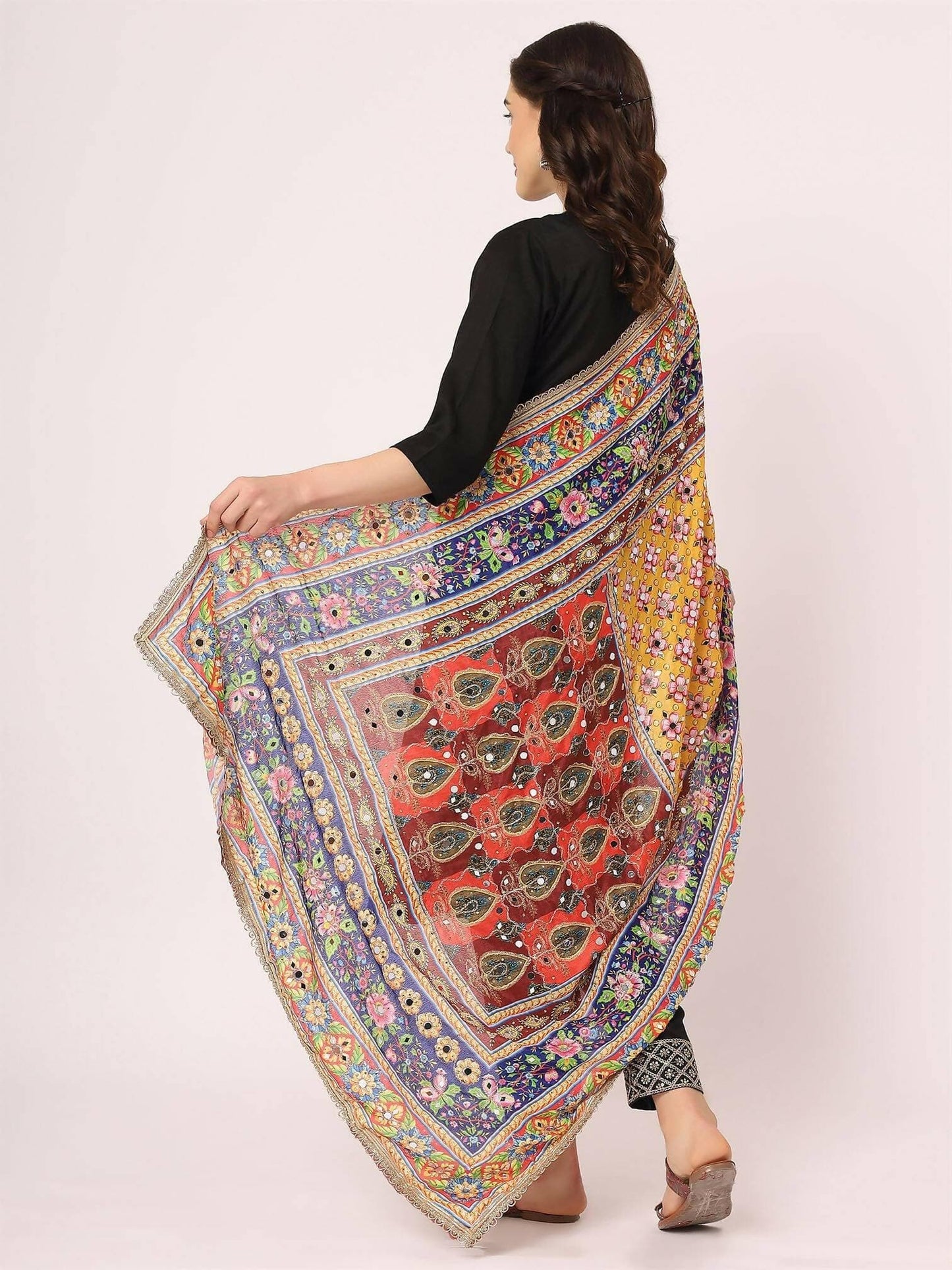 Chiffon Digital Print Pakistani Dupatta with Mirror Work(multi-colored design) - HalfPe