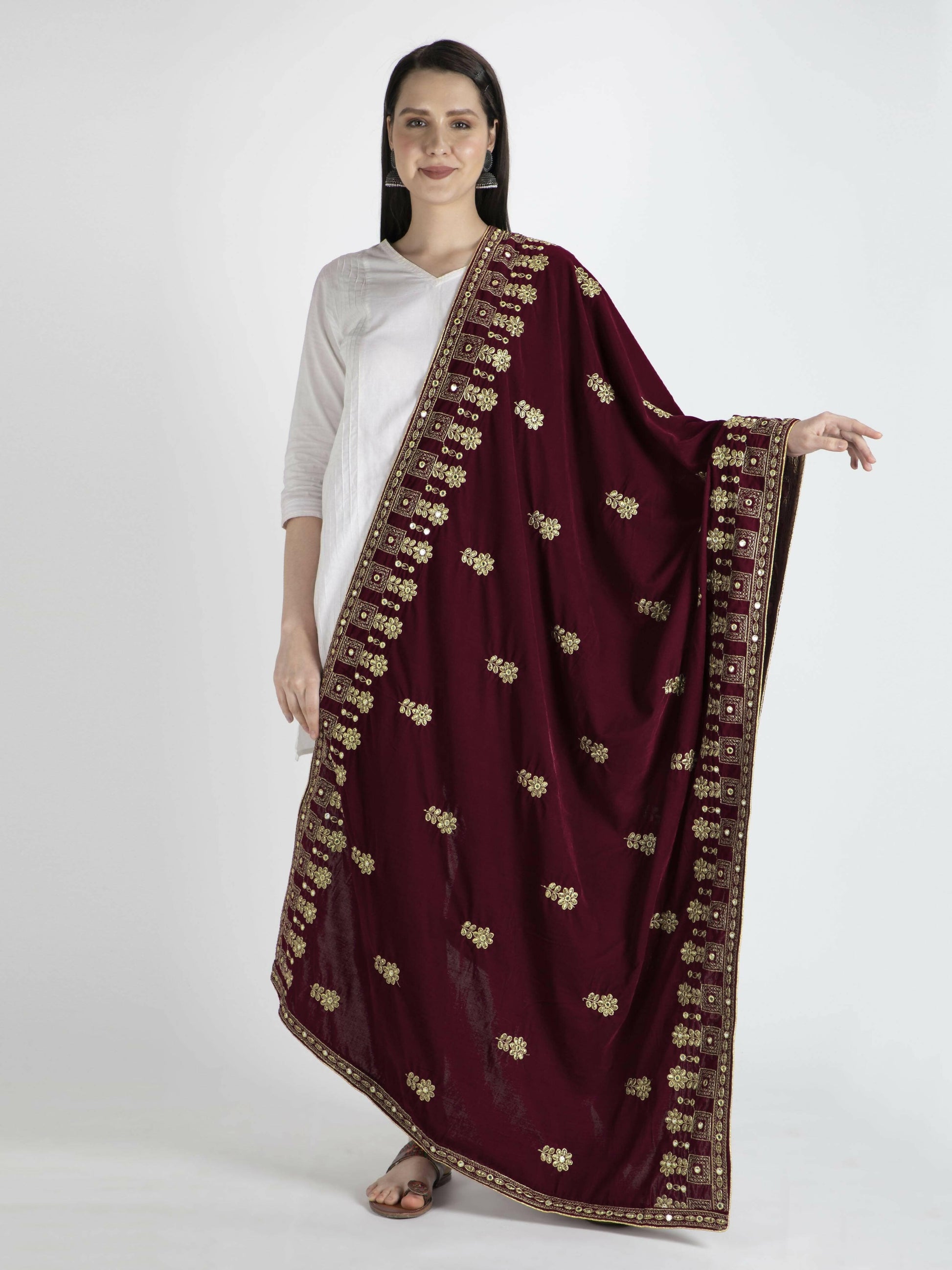 Velvet Shawl Dupatta (Maroon Embroidered ) - HalfPe