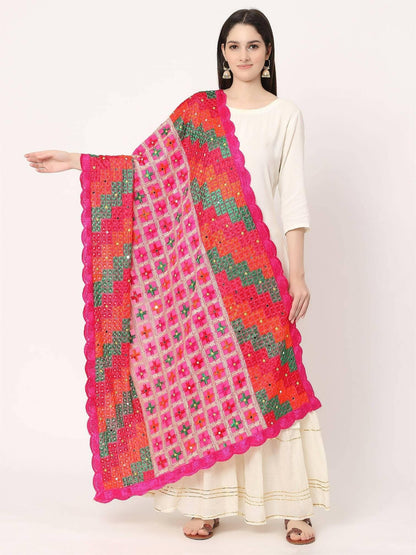 Magenta Embroidery Multicolour Phulkari Dupatta With Beads - HalfPe