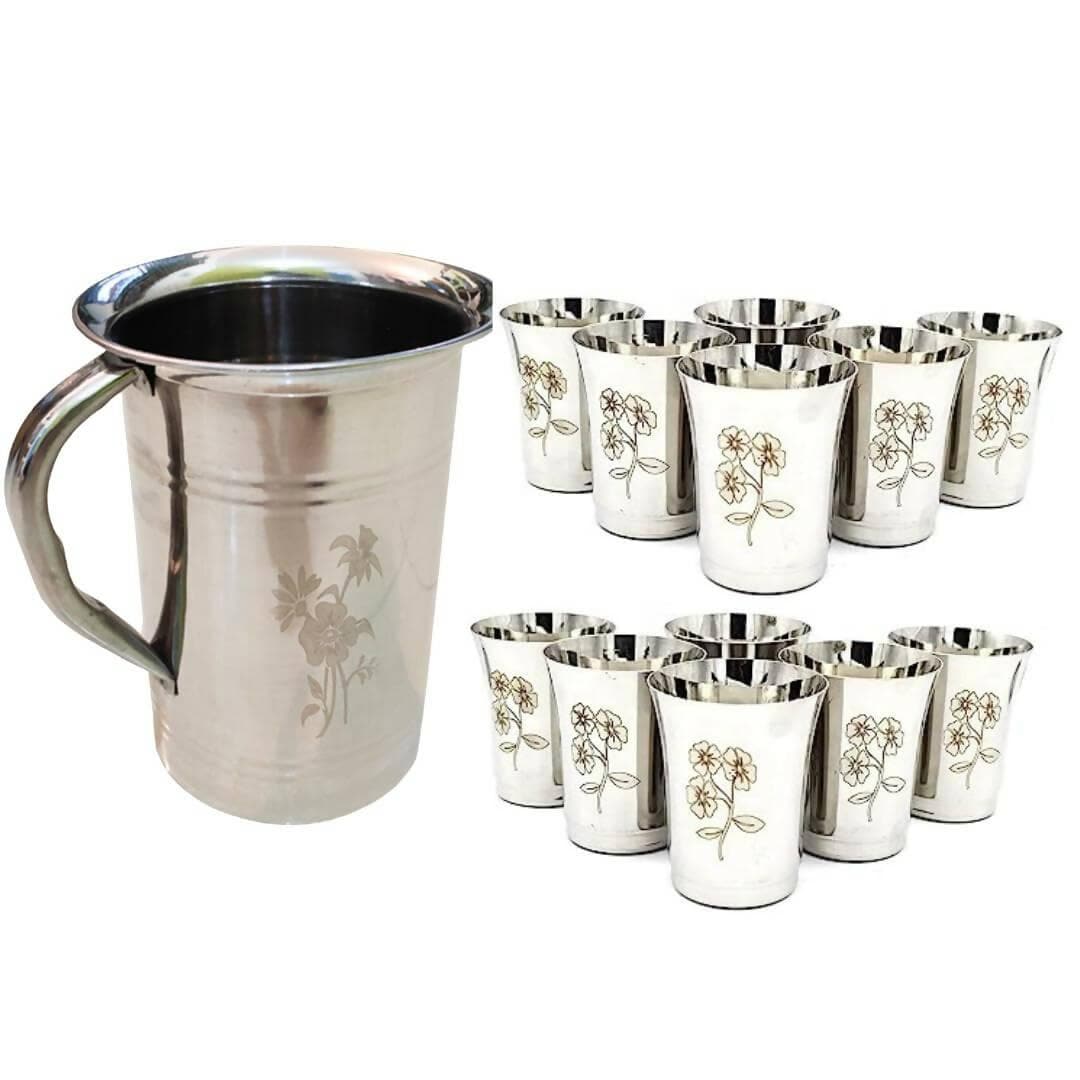 SHINI LIFESTYLE Steel Floral Design Jug and 6pc Laser Floral Design Glass, (Set of 6) - HalfPe