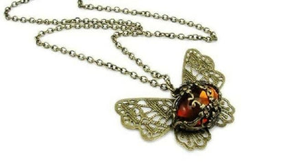 SENECIO Vintage Look Amber Stone Butterfly Filigree Carved Floral Beautiful Long Chain Crystal Bronze Necklace - HalfPe