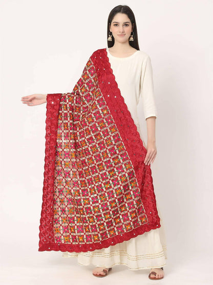 Maroon Multicolour Phulkari Embroidery Dupatta - HalfPe