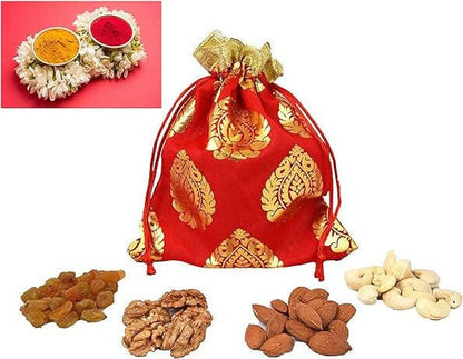 MANTOUSS Pongal/Makar Sankranti Dry Fruit Red Exclusive Potli-Cashew,Almond,Walnut and Raisin (50gms Each) 200gms + Haldi Kumkum - HalfPe