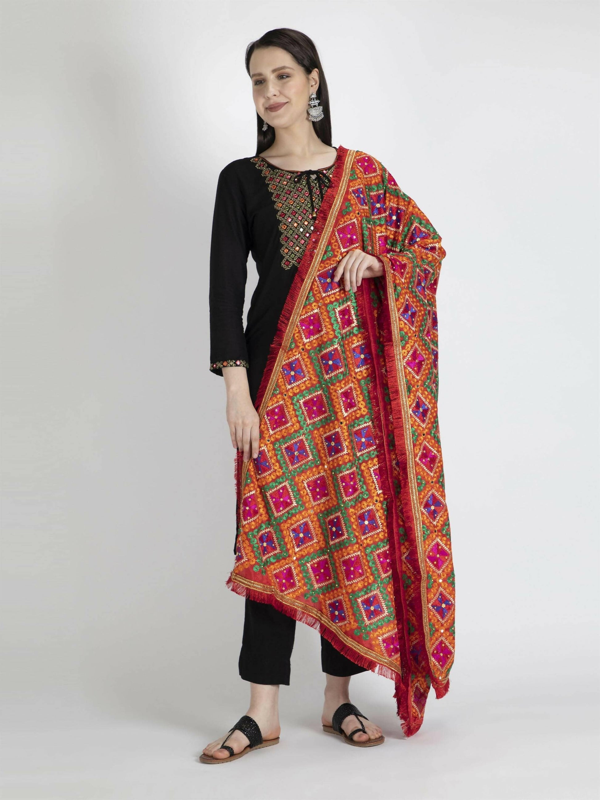 Phulkari Dupatta with Mirror Work (Multicolor) - HalfPe