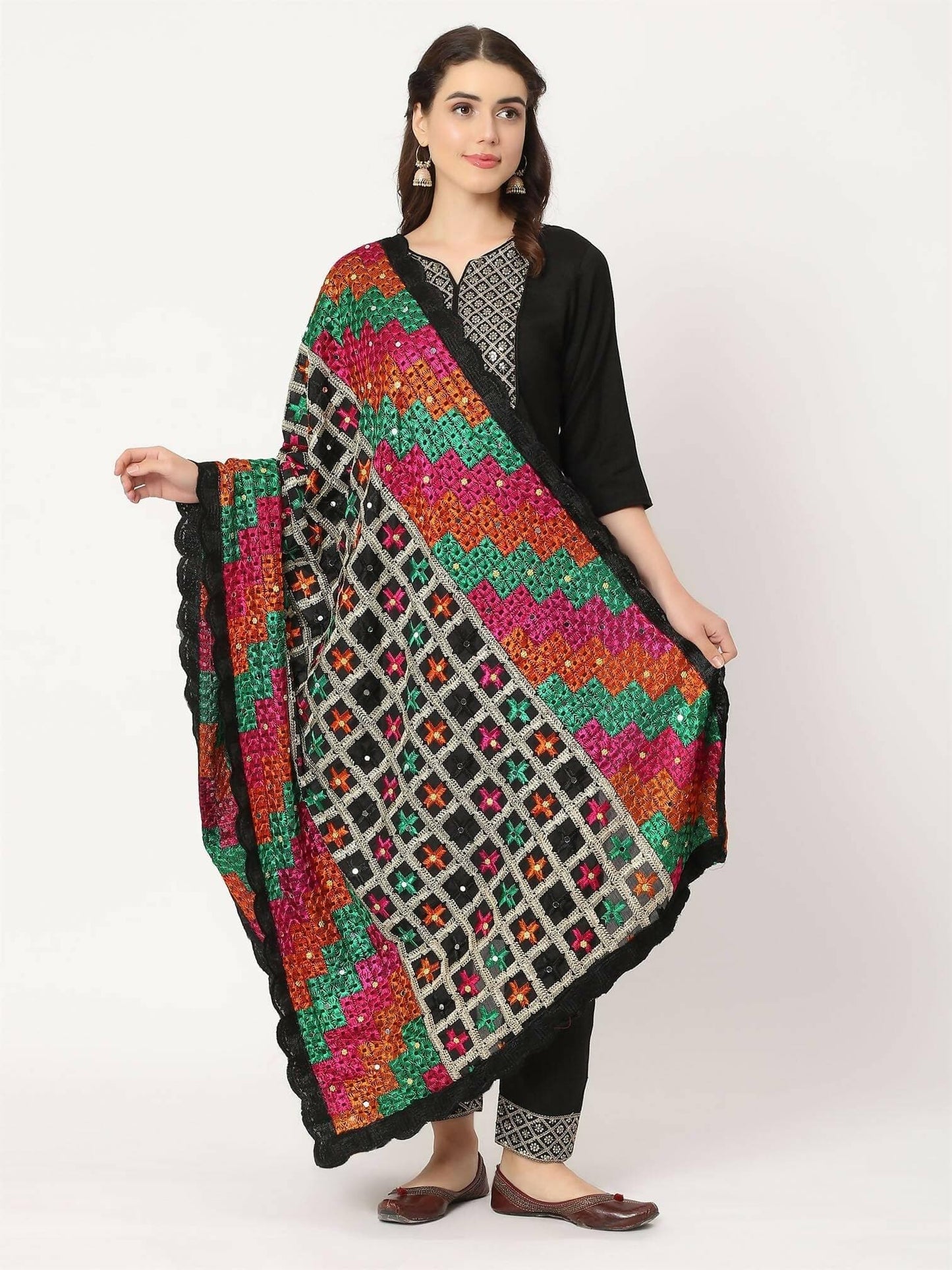 Black Multicolour Check Design Phulkari Dupatta - HalfPe