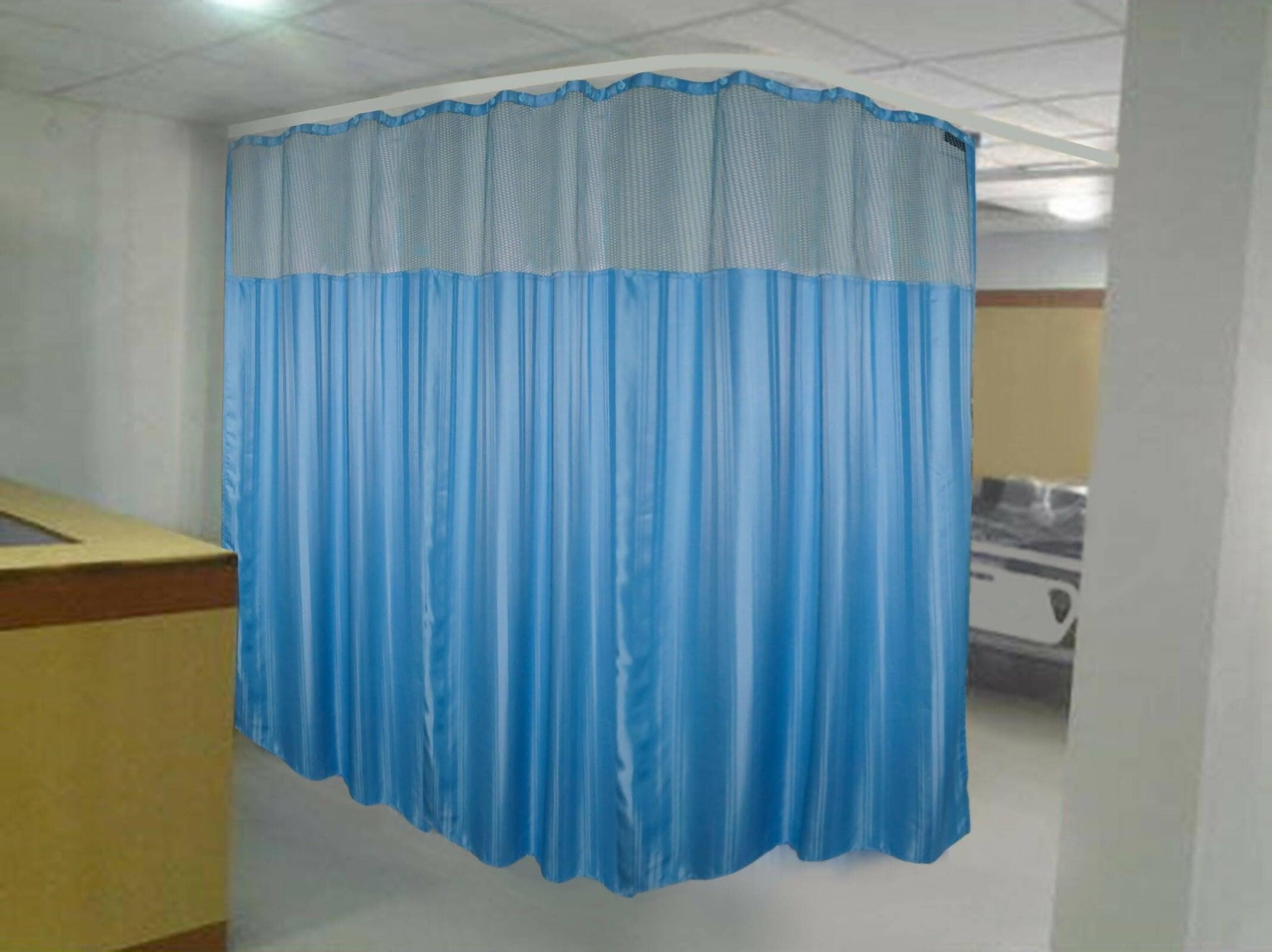 Hospital Partition Curtains, Clinic Curtains Size 16 FT W x 7 ft H, Channel Curtains with Net Fabric, polyester 32 Rustfree Metal Eyelets 32 Plastic Hook, Dark Blue, Stripes (16x7 FT) - HalfPe