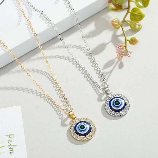 Pinapes Gold Plated Evil Eye Sea Green Pendant Necklace for Women’s & Girls (Gold & silver - Set of 2) - HalfPe