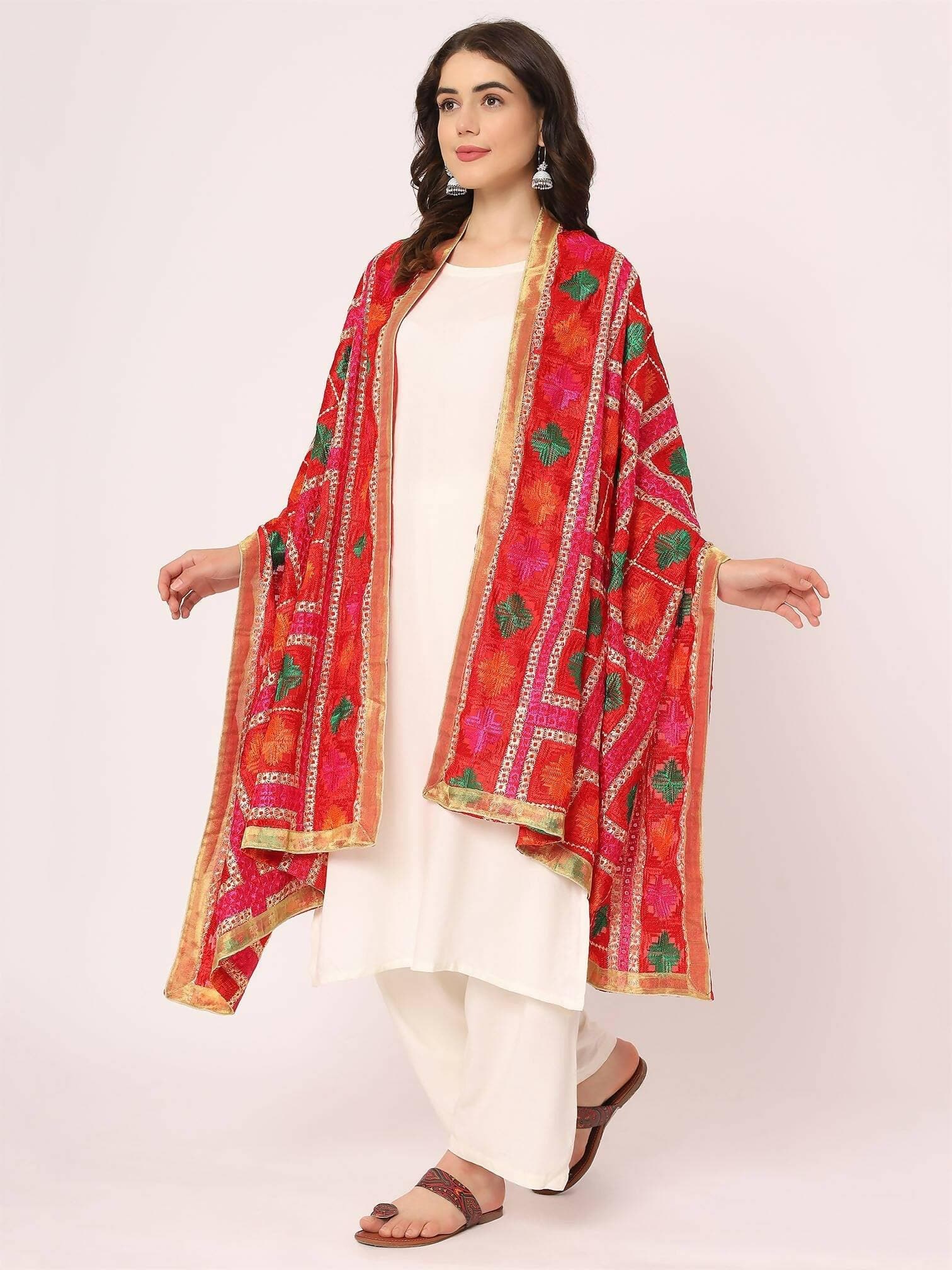 Embroidery Phulkari Dupatta (Red Multicolour) - HalfPe