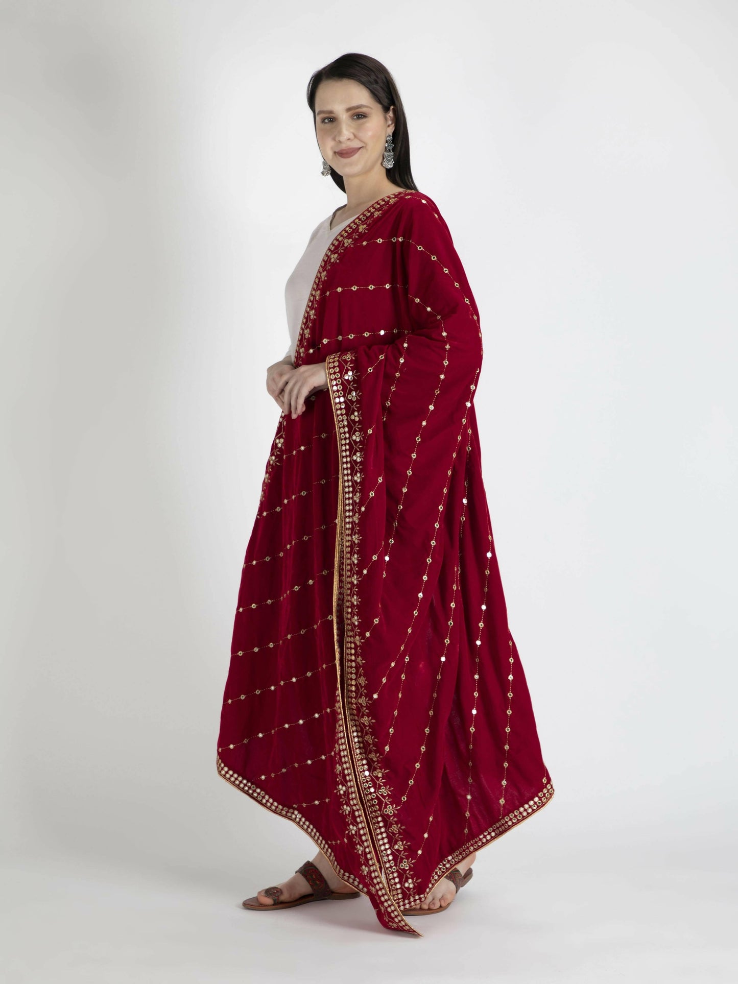 Red Embroidered Velvet Shawl Dupatta - HalfPe