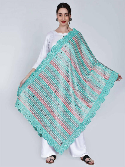 Multicolour Dupatta with Mirror and Pearls work (sea green) - HalfPe