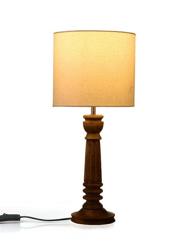 Green Girgit Pillar Brown Lamp With White Cotton Shade - HalfPe