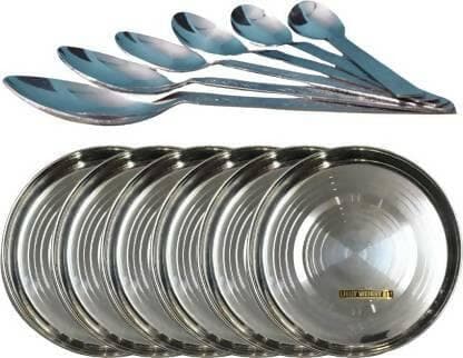 SHINI LIFESTYLE Steel Plates and spoons for dinner with laser design (set of 12) - HalfPe