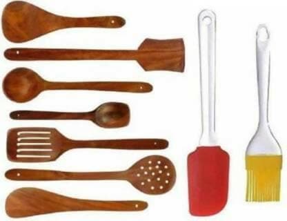 Combo of Spatula Brsuh and 7 Wooden Cooking Tools (pack of 9) - HalfPe