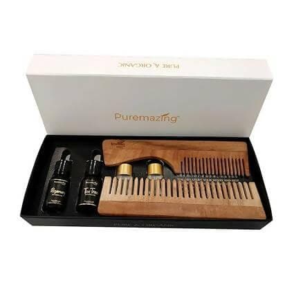 Puremazing Haircare Gift Set | 15 ML Rosemary & Tea - Tree Essential Oil with 2 Wooden Hair Comb | 100% Natural Neem Comb & Essential Oils | Diwali Gifts Combo for Hair Care & Aromatherapy - HalfPe