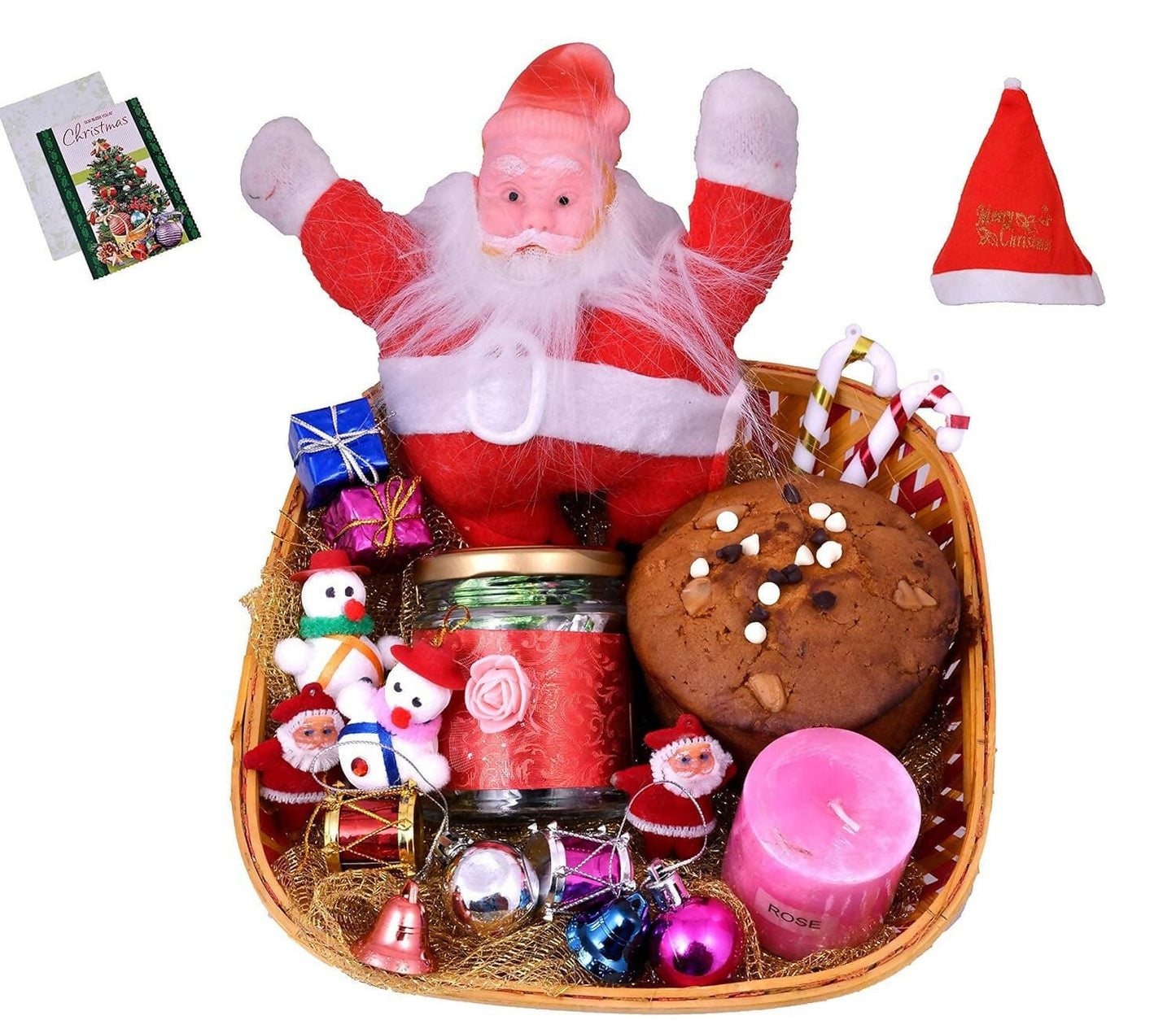 MANTOUSS Christmas Plum Cake and Chocolate Gift Hamper/ Basket - Christmas Plum Cake(200gms);Chocolate in a Glass jar,Santa Clause, Scented Candle,Card,Christmas Tree Decoration Set ,Santa Cap - HalfPe