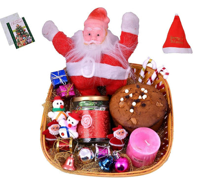 MANTOUSS Christmas Plum Cake and Chocolate Gift Hamper/ Basket - Christmas Plum Cake(200gms);Chocolate in a Glass jar,Santa Clause, Scented Candle,Card,Christmas Tree Decoration Set ,Santa Cap - HalfPe