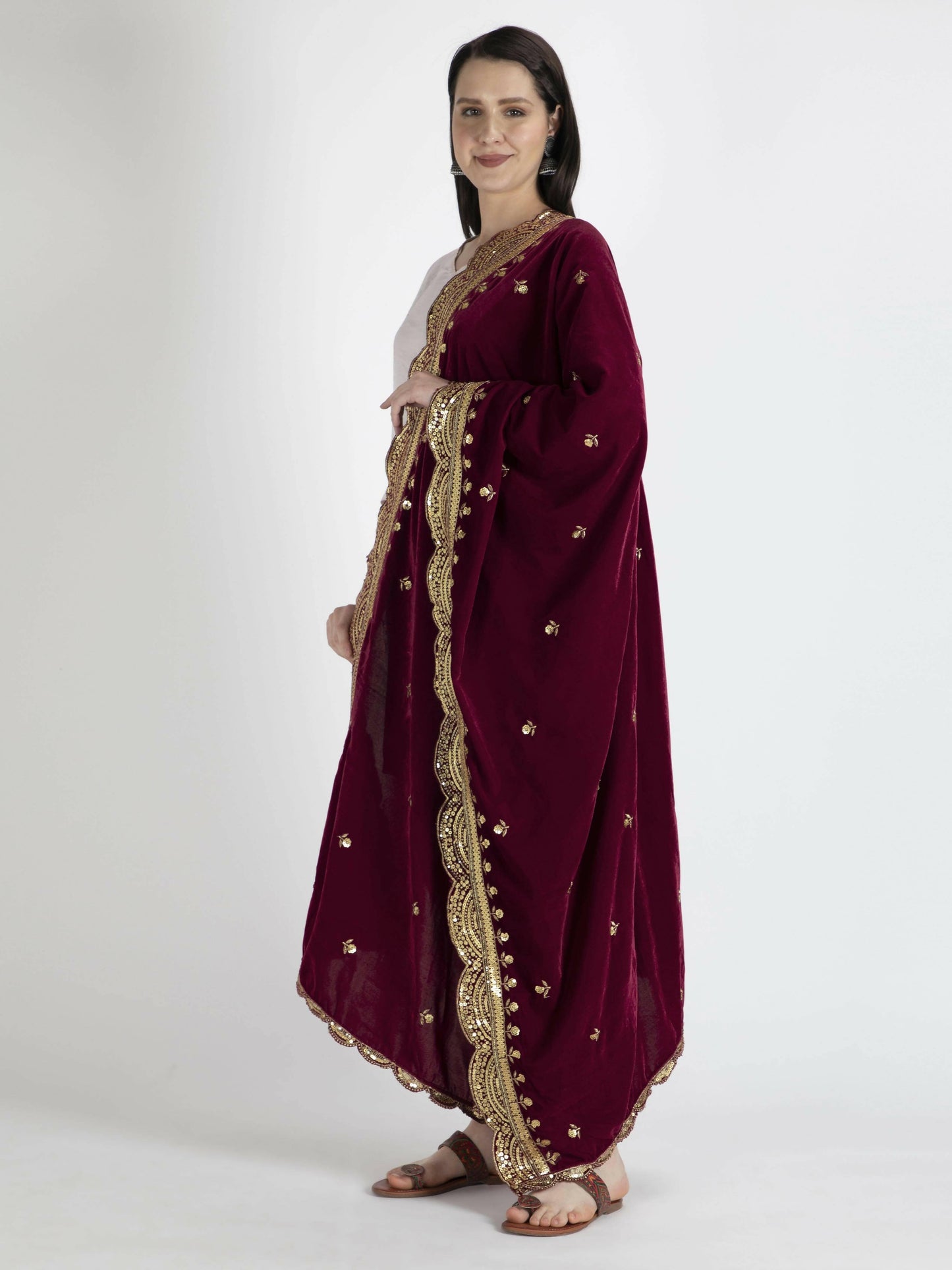 Maroon Embroidered Velvet Shawl Dupatta for women - HalfPe