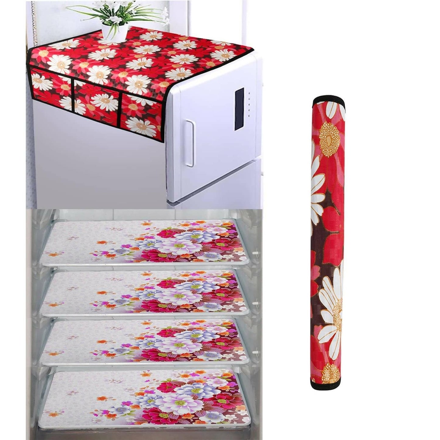 Wishland 1 Pc Fridge Cover For Top With 6 Pockets + 1 Handle Cover + 4 Fridge Mats ( Pack Of 6) - HalfPe