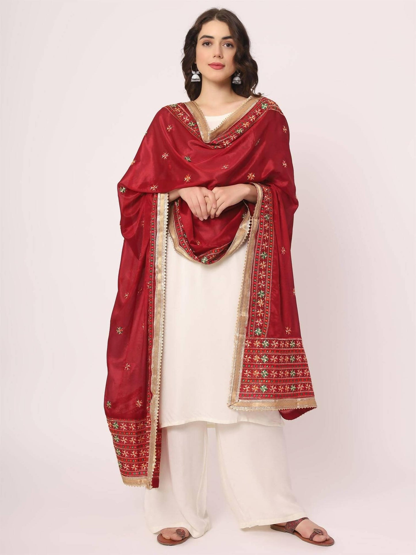 Maroon Multicolour phulkari Embroidery Dupatta - HalfPe