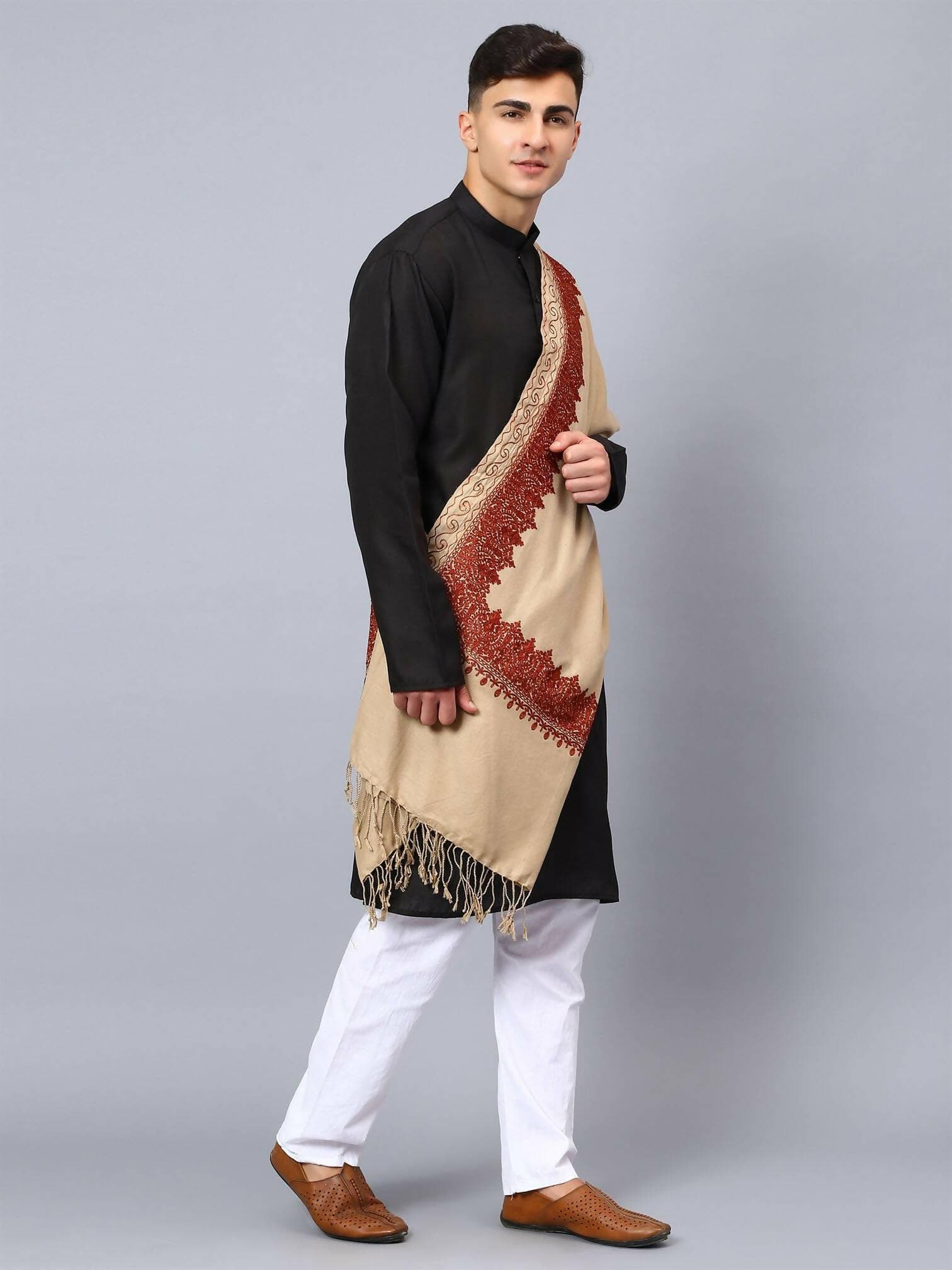 Light Brown Base and Dark Brown Embroidered Stole - HalfPe