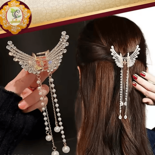 SENECIO Long Tassel Butterfly Golden Metal Pearl Crystal Bun Juda Clutcher Pin - HalfPe