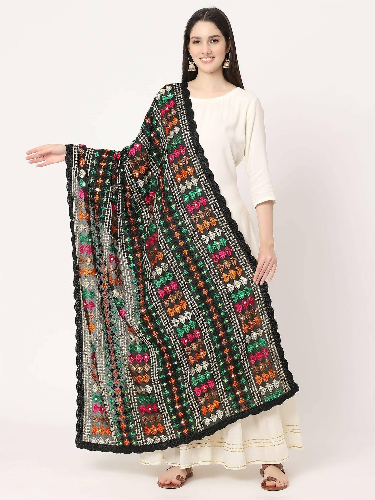 Black Multicolour Embroidery Phulkari Dupatta with Mirror Work - HalfPe