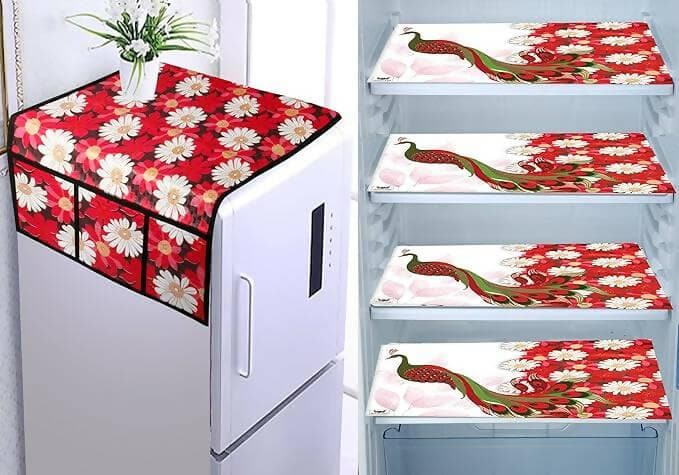 WISHLAND Double Door Fridge Cover Combo Set of 1 Fridge Top Cover And 4 Multipurpose Fridge Mats (Red) - HalfPe