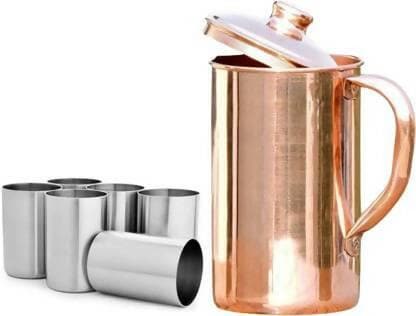 SHINI LIFESTYLE Pure Copper Jug Set with steel glasses (Set of 7) - HalfPe