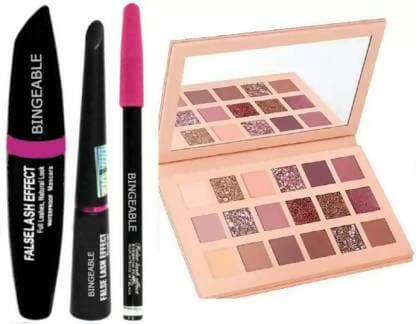 Bingeable 3in1 Beauty Eyeliner, Mascara, Eyebrow Pencil & Nude Edition Eye Shadow Palette 18 (Multi color) - HalfPe