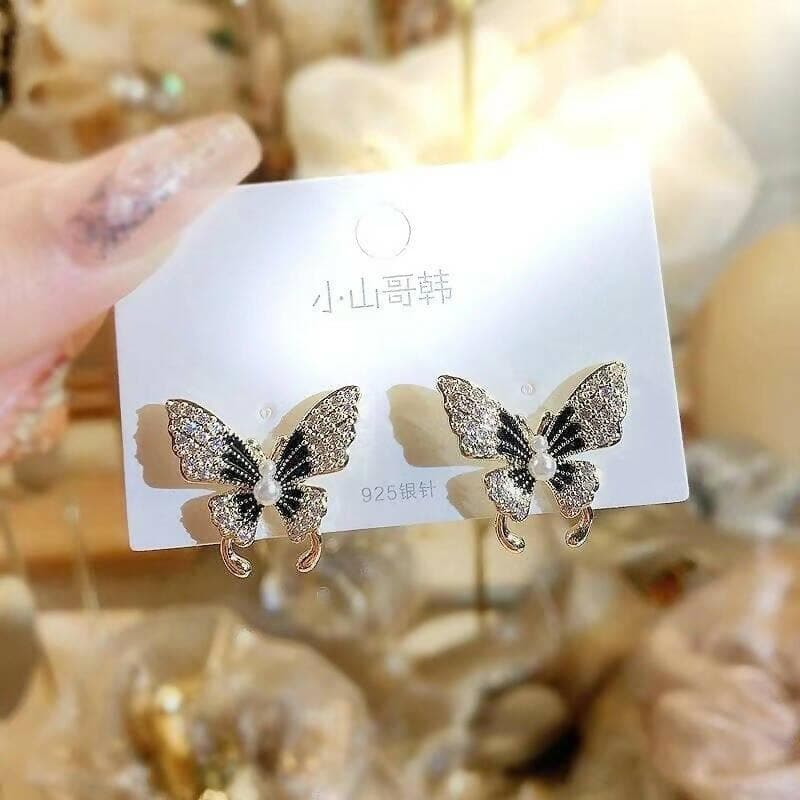 Pinapes black butterfly earrings for women cute girl rhinestone zircon stud earrings - HalfPe