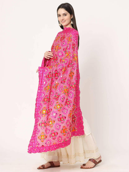 Magenta Multicolour Embroidery Phulkari Dupatta with Beads - HalfPe