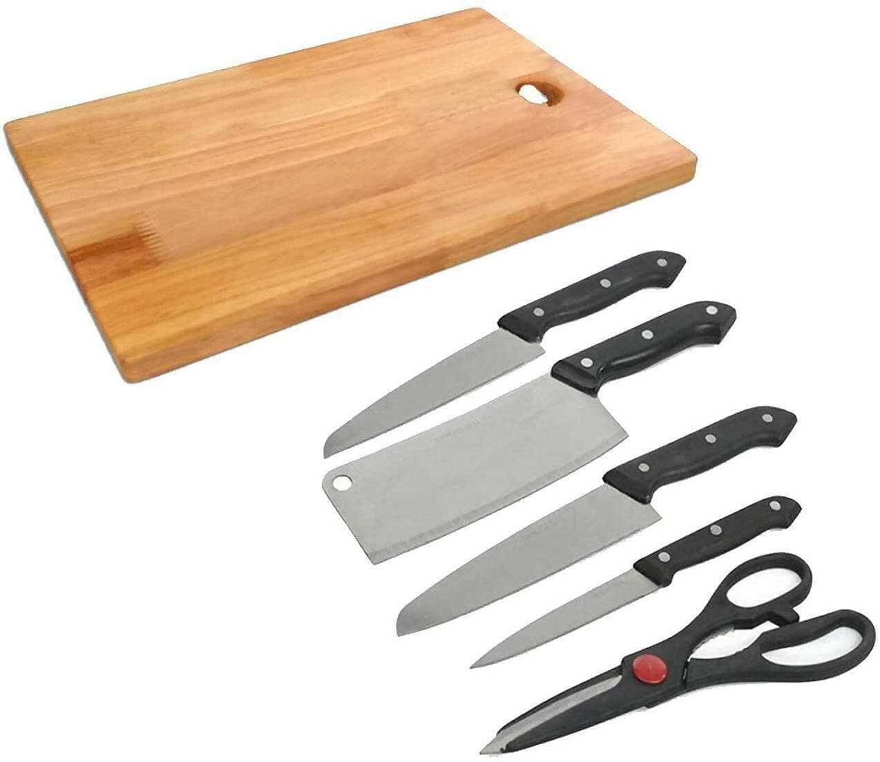 Florastic 5 Piece Knife Set with Wooden Chopping Board 3 Vegetable and Fruit Knife,2 Meat Knife,1 Scissor Set for Kitchen - HalfPe