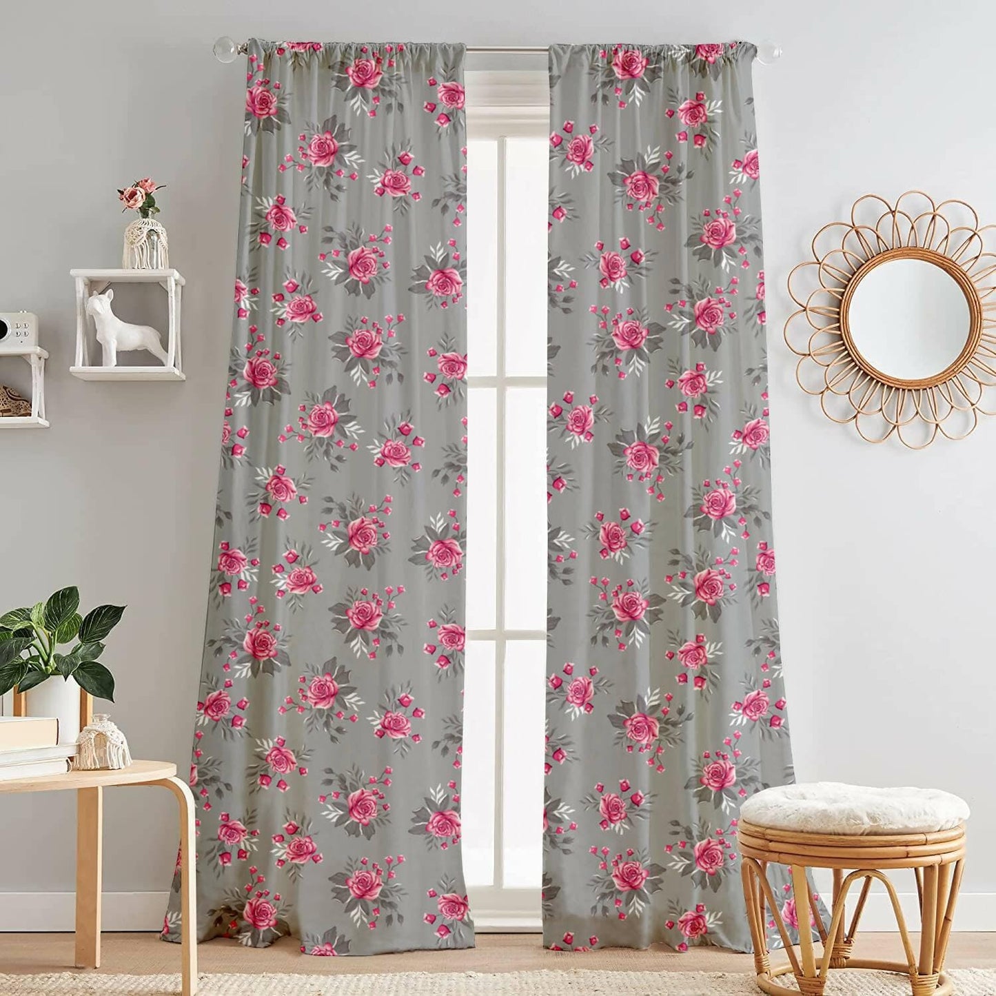 Lushomes curtains 8 feet long set of 2, door curtains 8 ft, door curtain, curtains for bedroom, Semi sheer curtains, rod pocket curtains (Pack of 2, 57x96 Inch, Grey Flowers) - HalfPe