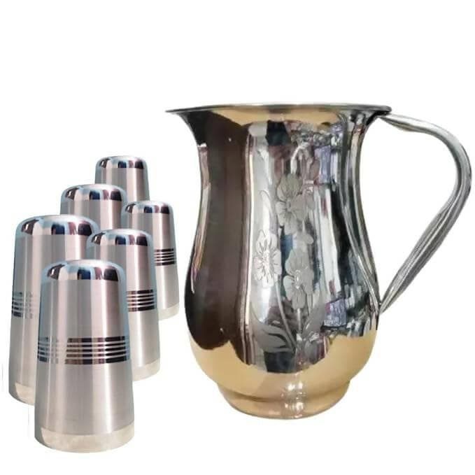 SHINI LIFESTYLE Stainless Steel Glass Set with Flower Jug (7) - HalfPe